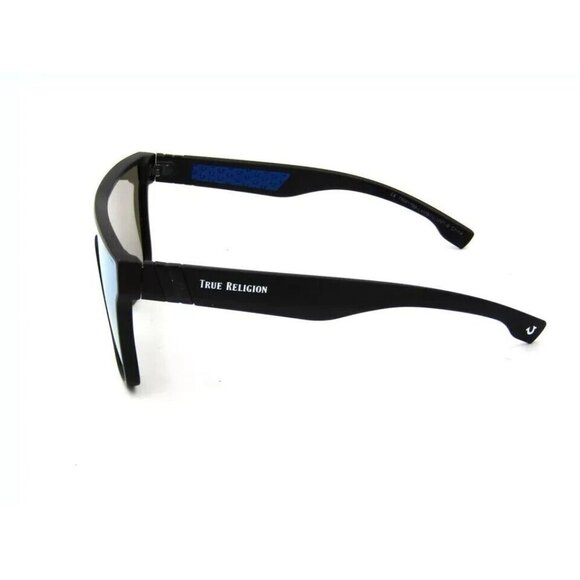 True Religion TRM1799 Unisex Flat Top Shield Black Sunglasses Blue Mirrored #G58 - Picture 2 of 6